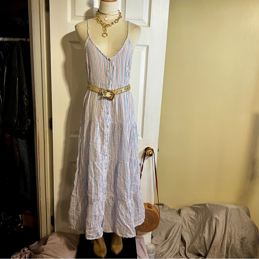 New Women’s Pinstriped 100% Cotton Tiered Gauzy Prairie Festival Maxi Dress M - Picture 1 of 9